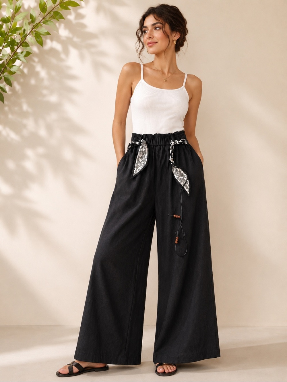 Wide Leg Black Linen-Blend Pants with Scarf Tie